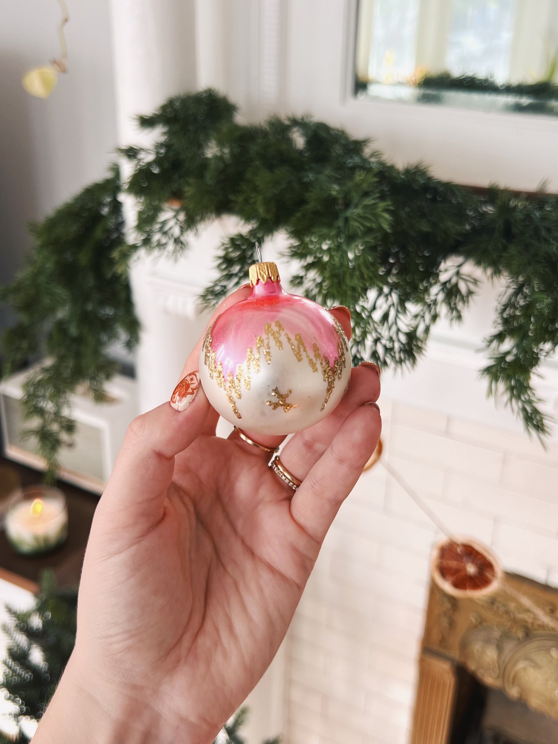 Pink, Gold, and White Glass Ball Ornament