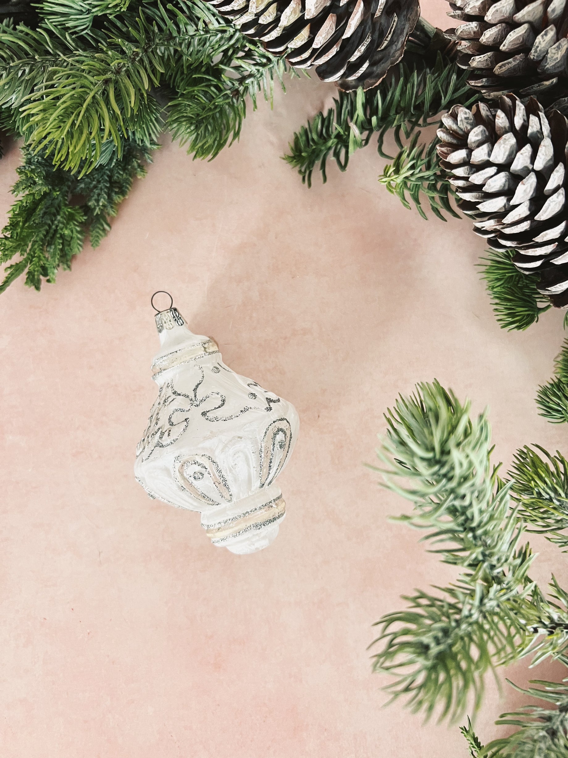 White Glass Ornament with Silver Detail