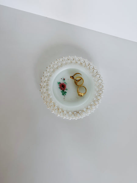 Milk Glass Floral and Gold Dish