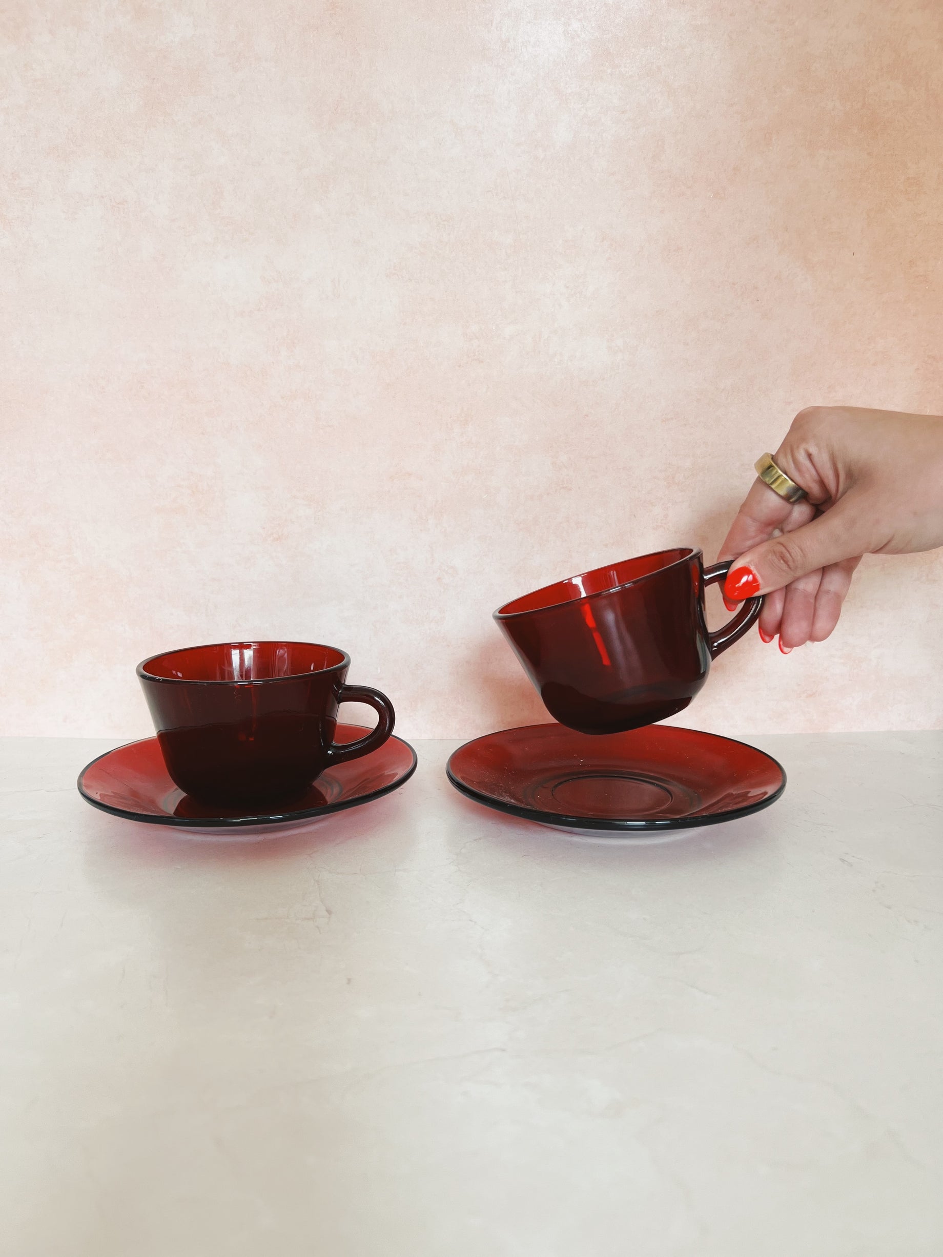 Set of 2 Red Teacups and Saucers
