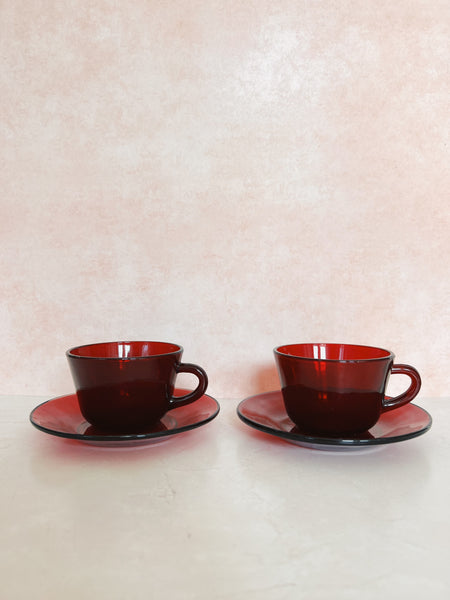 Set of 2 Red Teacups and Saucers